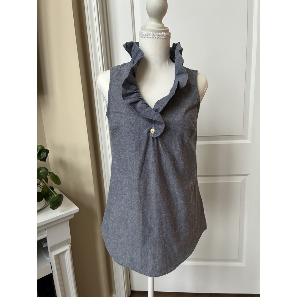 Mud Pie ladies Sleeveless Ruffle Collar Chambray Blouse XS , denim in color - Picture 2 of 16